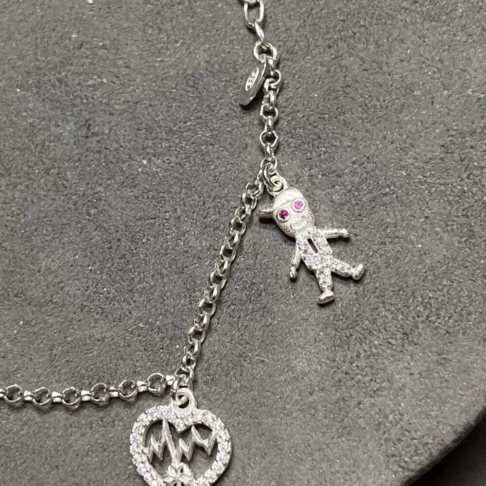 Silver Chain Charm Bracelet, Key Beating Heart Clover Boy Tree 5 Charms 925